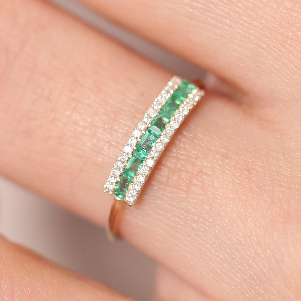 OBFJ1698 - Baguette Emerald and Diamonds Ring ring in selectable metal and diamond options - Roselle Jewelry view 2