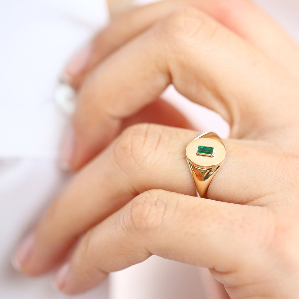 OBFJ1654 - Baguette Emerald Signet Ring ring in selectable metal and diamond options - Roselle Jewelry view 5
