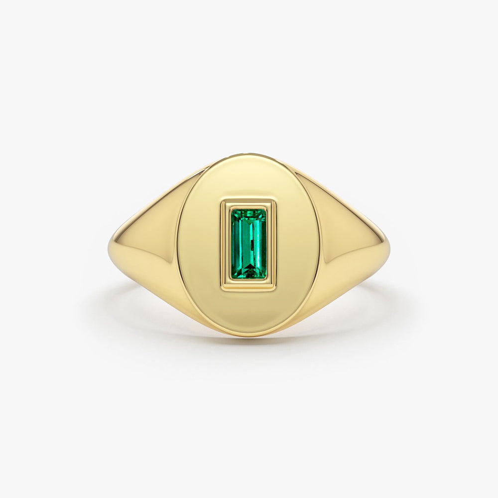 OBFJ1654 - Baguette Emerald Signet Ring ring in selectable metal and diamond options - Roselle Jewelry view 1