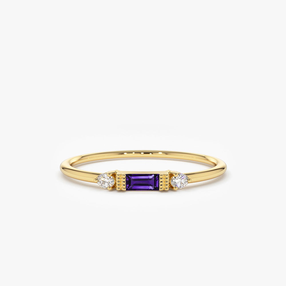 OBFJ2018 - 14K Gold Baguette Amethyst With Diamond Ring 1