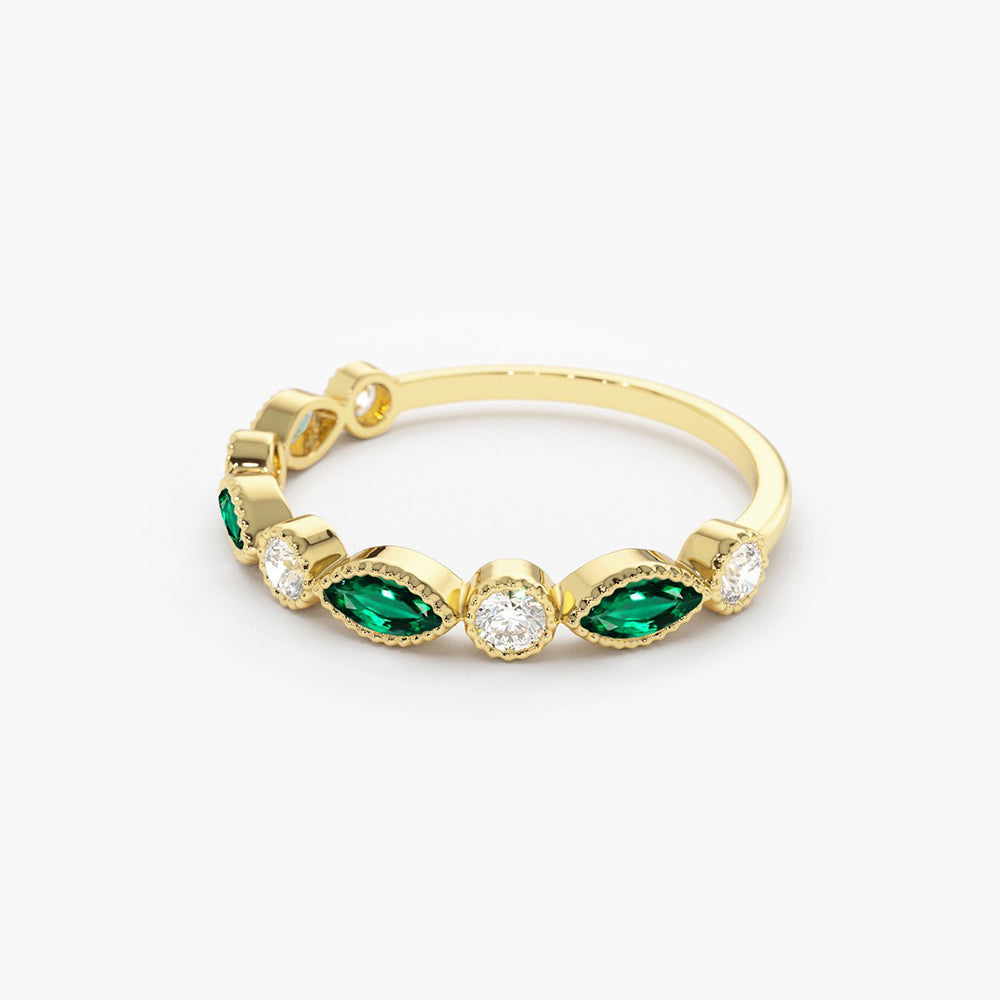 OBFJ1705 - Marquise Emerald and Diamond Wedding Band ring in selectable metal and diamond options - Roselle Jewelry view 7