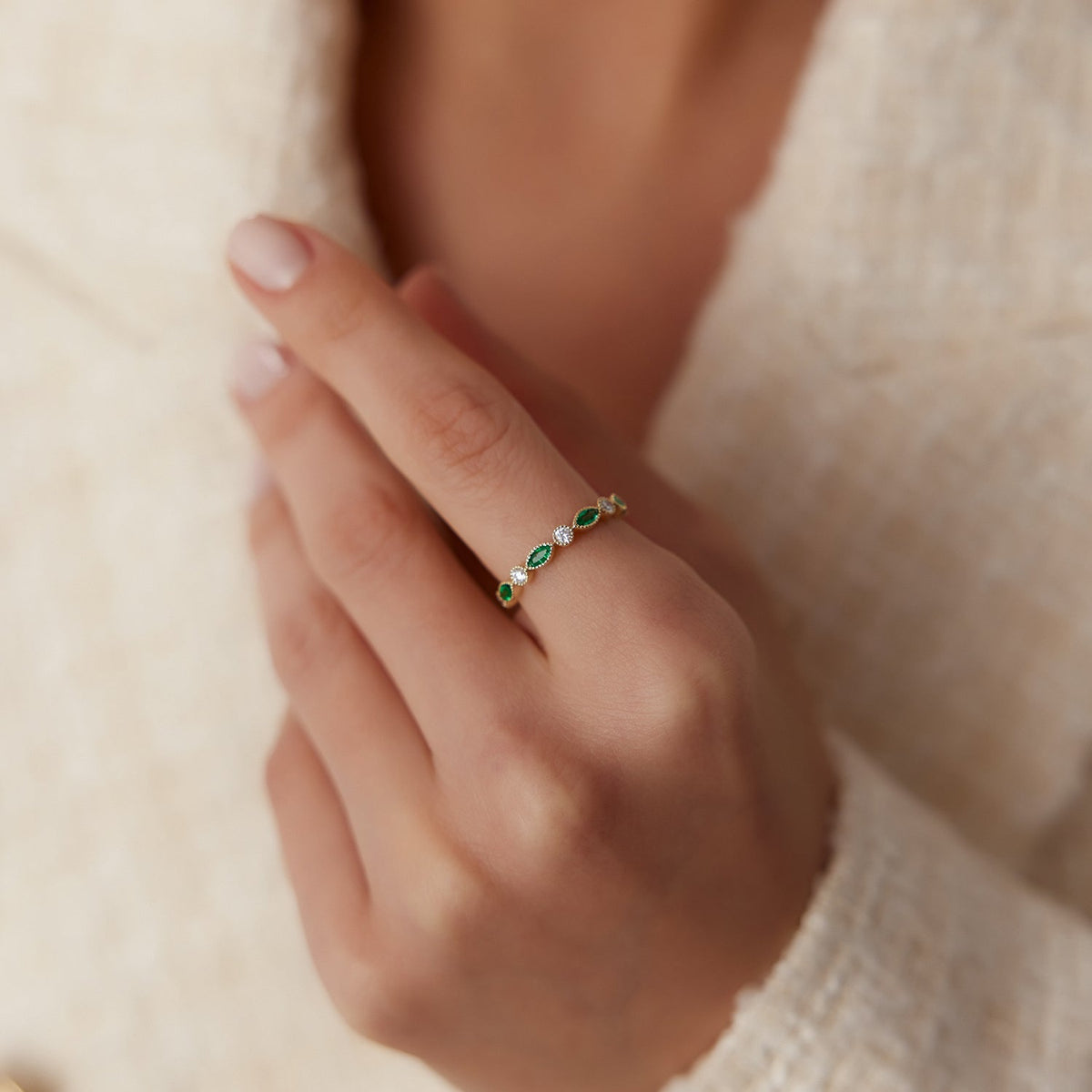 OBFJ1705 - Marquise Emerald and Diamond Wedding Band ring in selectable metal and diamond options - Roselle Jewelry view 4