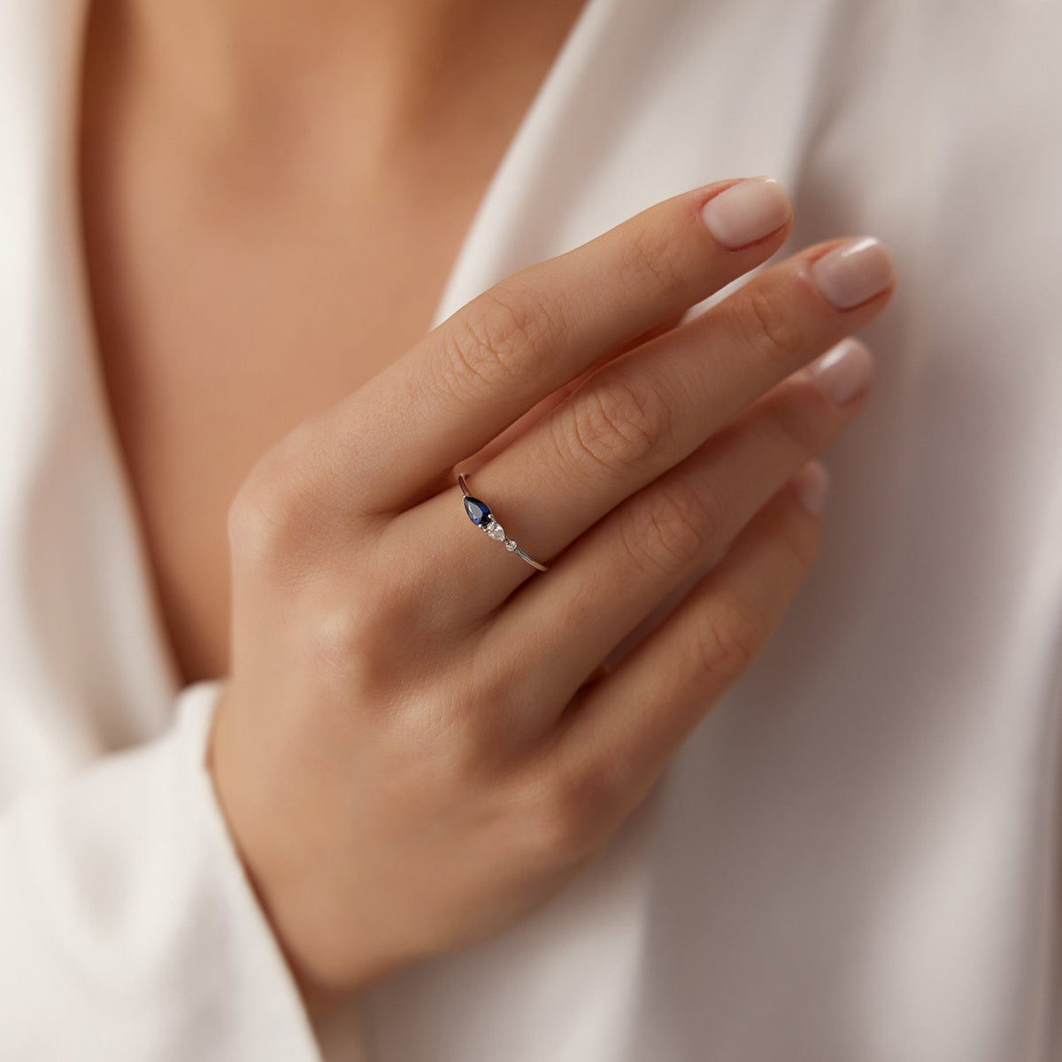 OBFJ1750 - Pear Shape Natural Sapphire with Pear Shape Diamond Ring ring in selectable metal and diamond options - Roselle Jewelry view 2