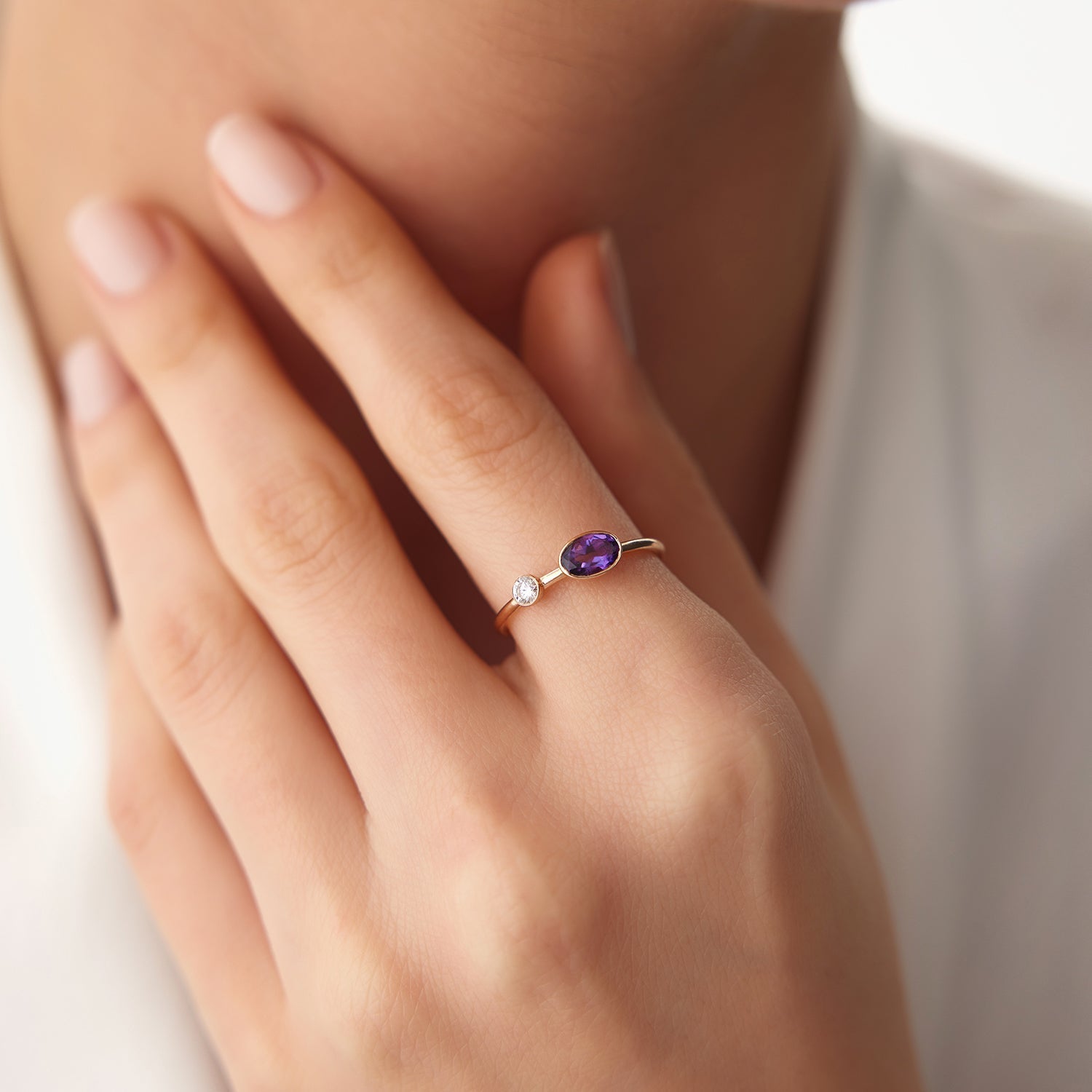 OBFJ2016 - Oval Shape Amethyst and Diamond Ring ring in selectable metal and diamond options - Roselle Jewelry view 2