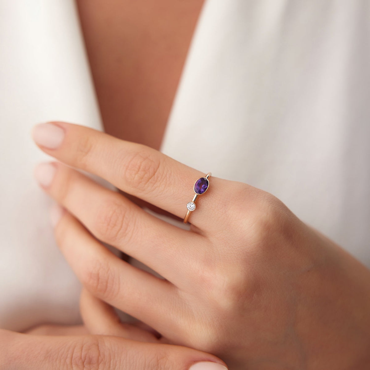 OBFJ2016 - Oval Shape Amethyst and Diamond Ring ring in selectable metal and diamond options - Roselle Jewelry view 3