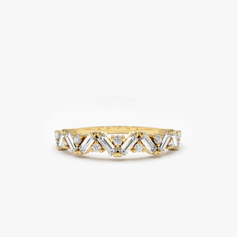OBFJ1781 - 14K Gold Slanted Baguette and Round Diamond Ring 1