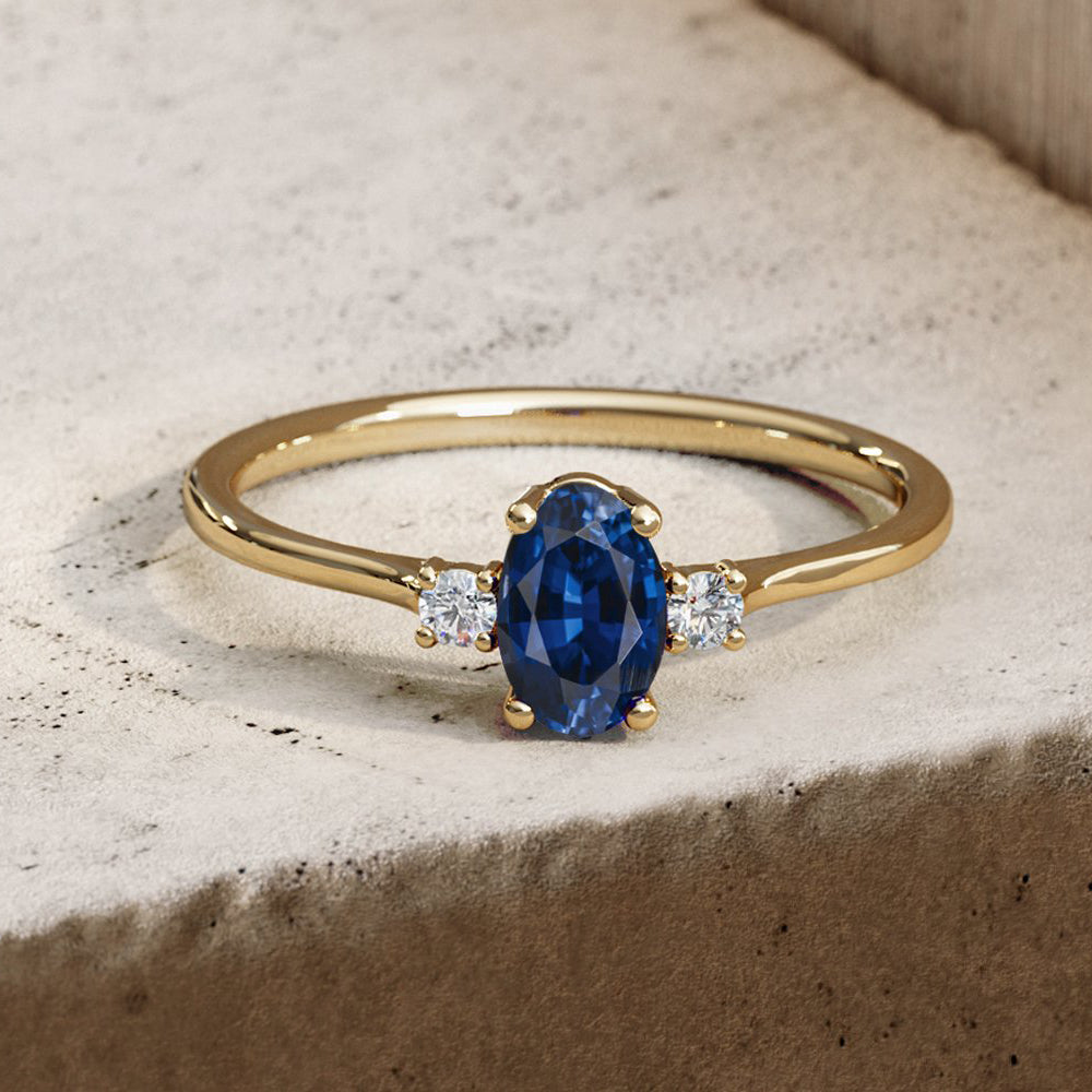 OBFJ1868 - 14k Oval Shape Sapphire and Diamond 3 Stone Ring 2