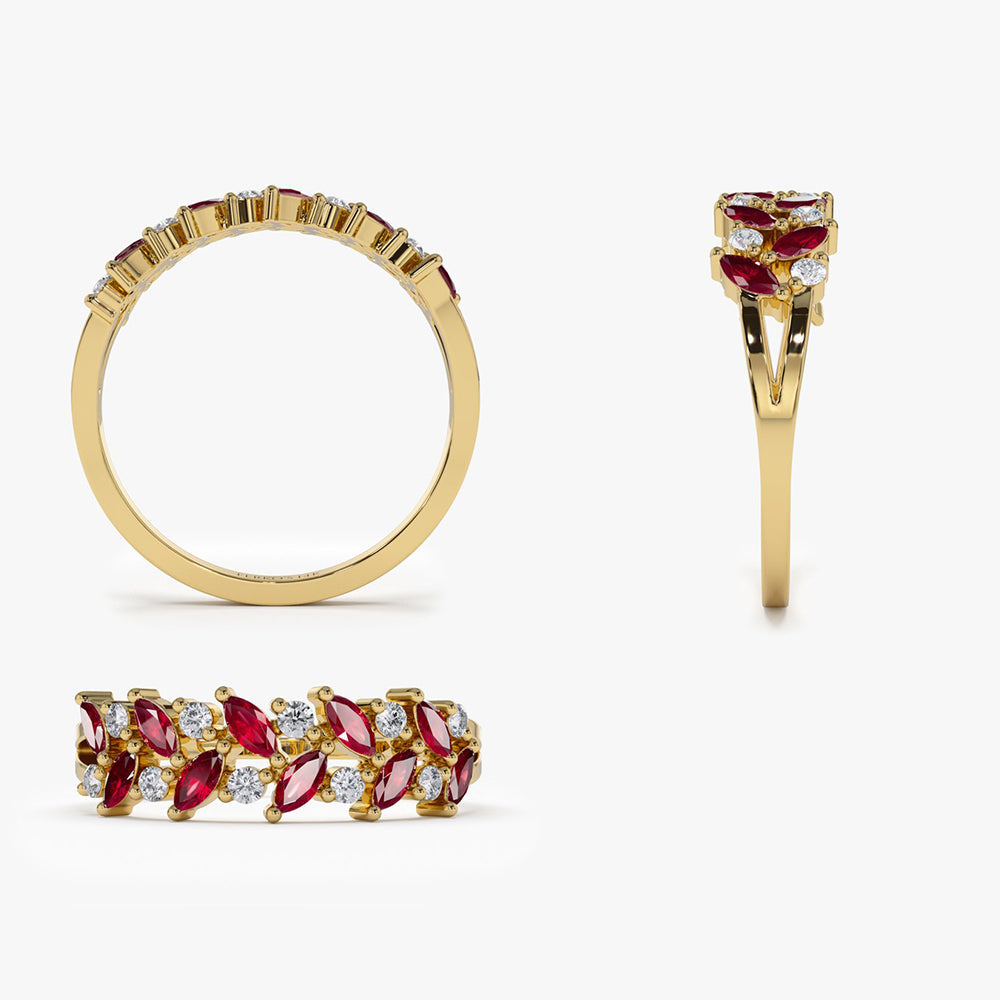 OBFJ1987 - 14k Two Rows Marquise Cut Natural Ruby and Diamond Ring 8