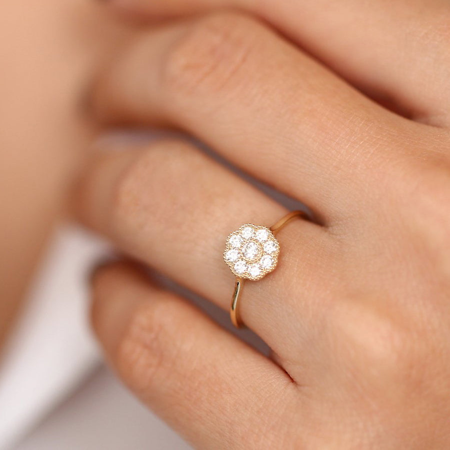 OBFJ1908 - 14K Gold Floral Diamond Ring 2