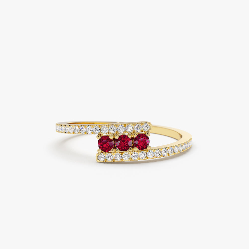 OBFJ2118 - 14k Cross Over Diamond Ring with Round Rubies 1