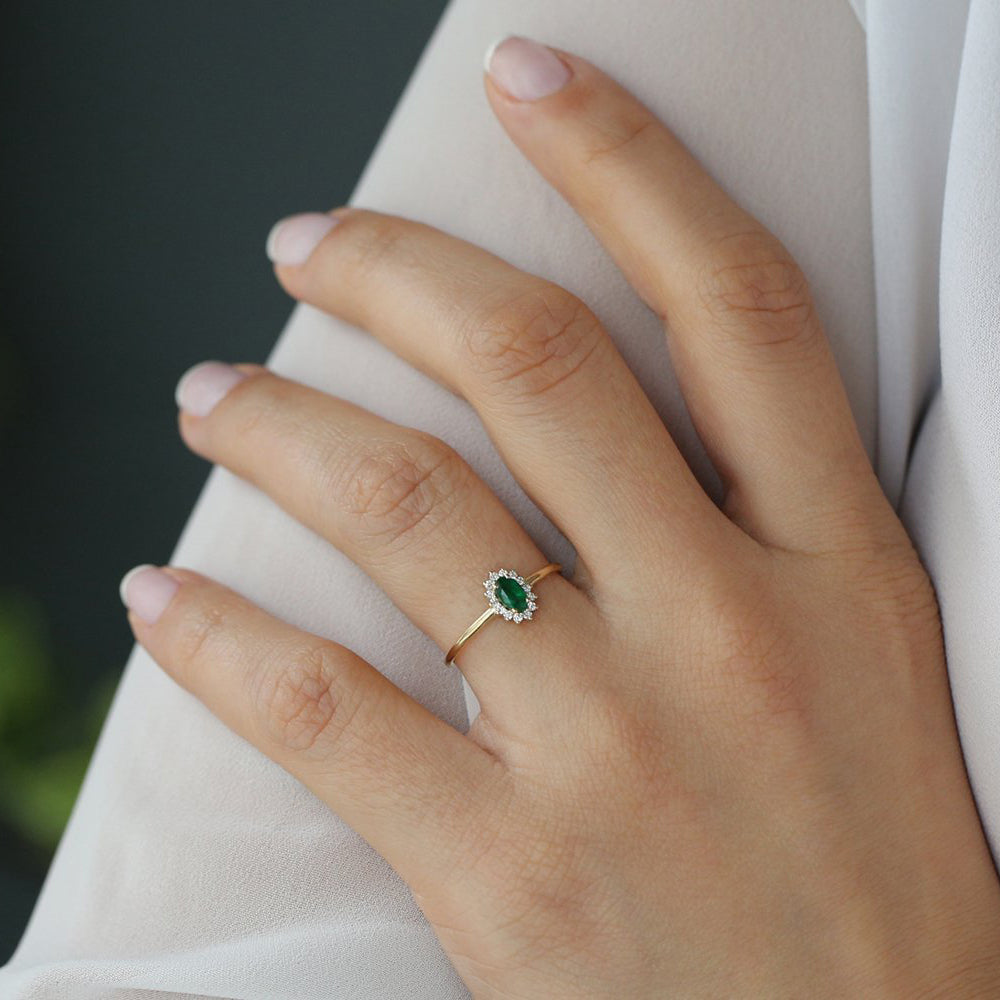 OBFJ2054 - Emerald Ring with Halo Diamonds ring in selectable metal and diamond options - Roselle Jewelry view 5