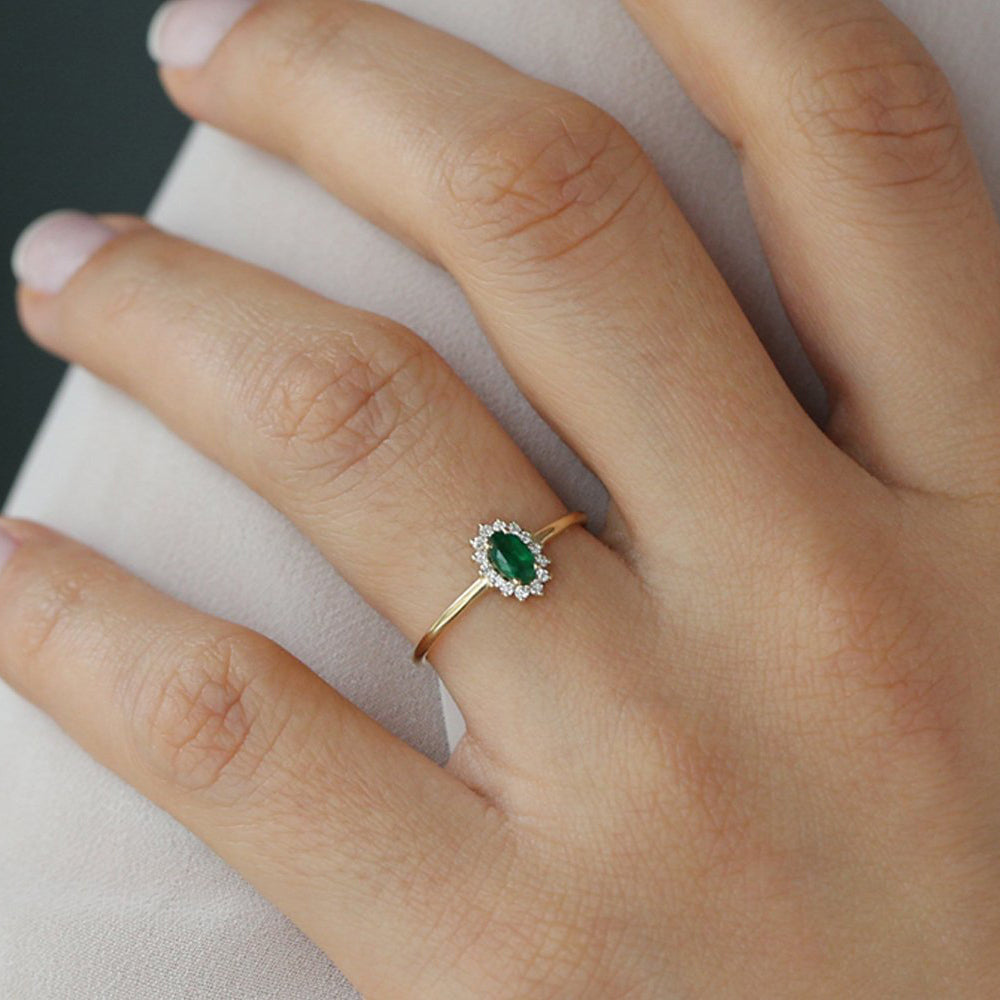 OBFJ2054 - Emerald Ring with Halo Diamonds ring in selectable metal and diamond options - Roselle Jewelry view 2