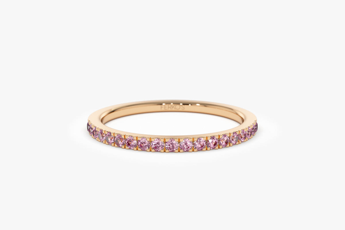 OBFJ2072 - Half Eternity Pink Sapphire Ring ring in selectable metal and diamond options - Roselle Jewelry view 10