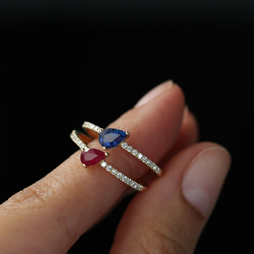 OBFJ2094 - 14k Slanted Pear Shape Ruby Ring with Pave Diamonds 4