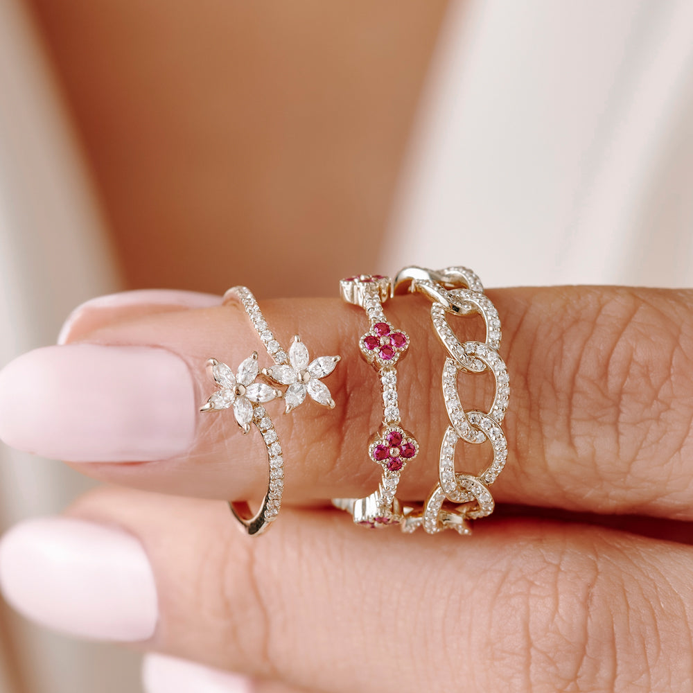 OBFJ2241 - Full Eternity Clover Ruby and Diamond Ring in ring in selectable metal and diamond options - Roselle Jewelry view 4