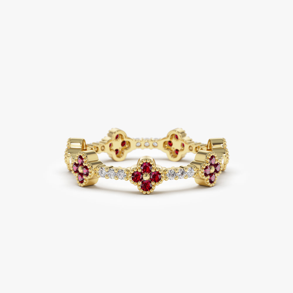 OBFJ2241 - Full Eternity Clover Ruby and Diamond Ring in ring in selectable metal and diamond options - Roselle Jewelry view 1