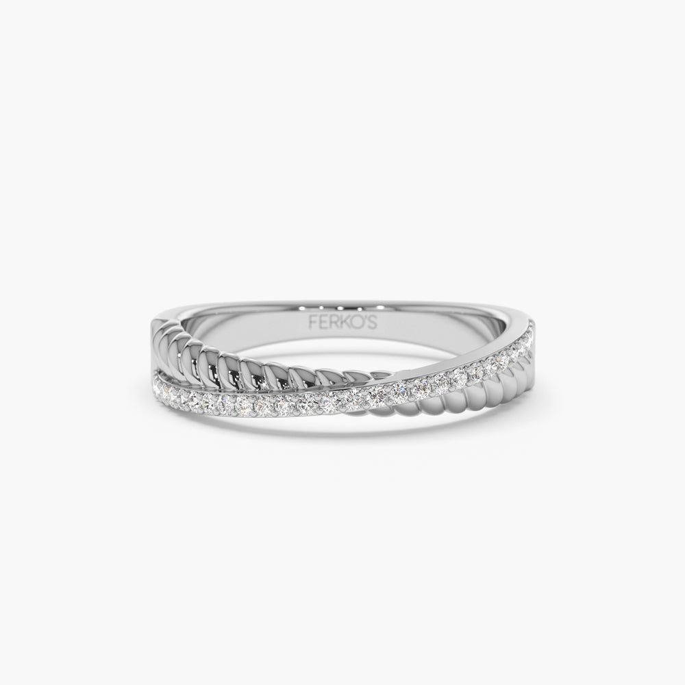 OBFJ1542 - 14k Gold Micro Pave Diamond Twisted Rope Criss Cross Ring 5