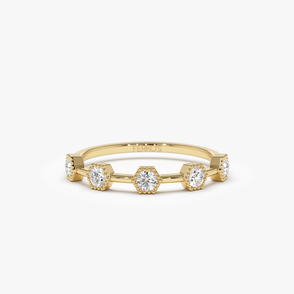 OBFJ1491 - Hexagon Milgrain Setting Five Stone Diamond Ring ring in selectable metal and diamond options - Roselle Jewelry view 1