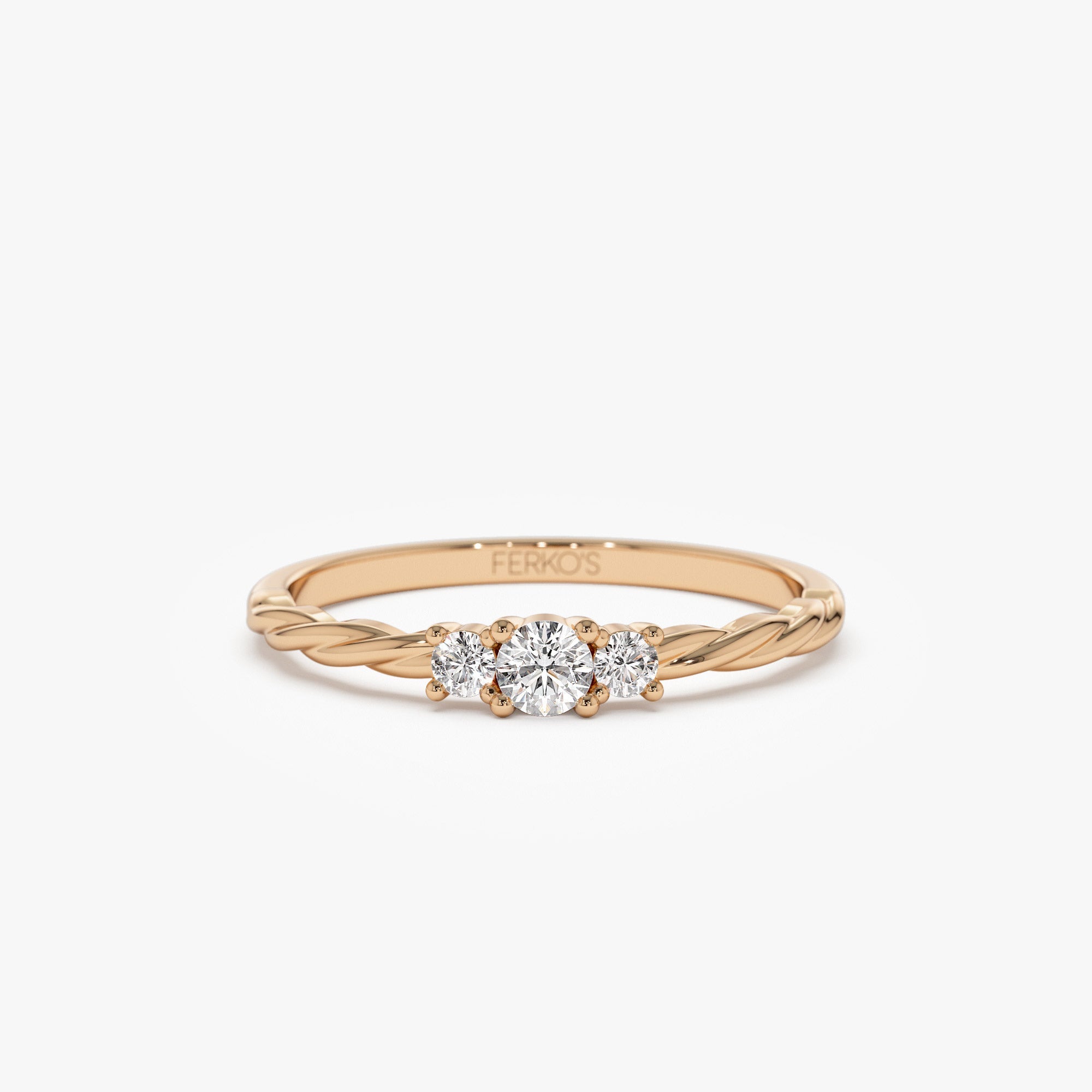 OBFJ1141 - 14k Gold Three Stone Dainty Diamond Twisted Ring 4