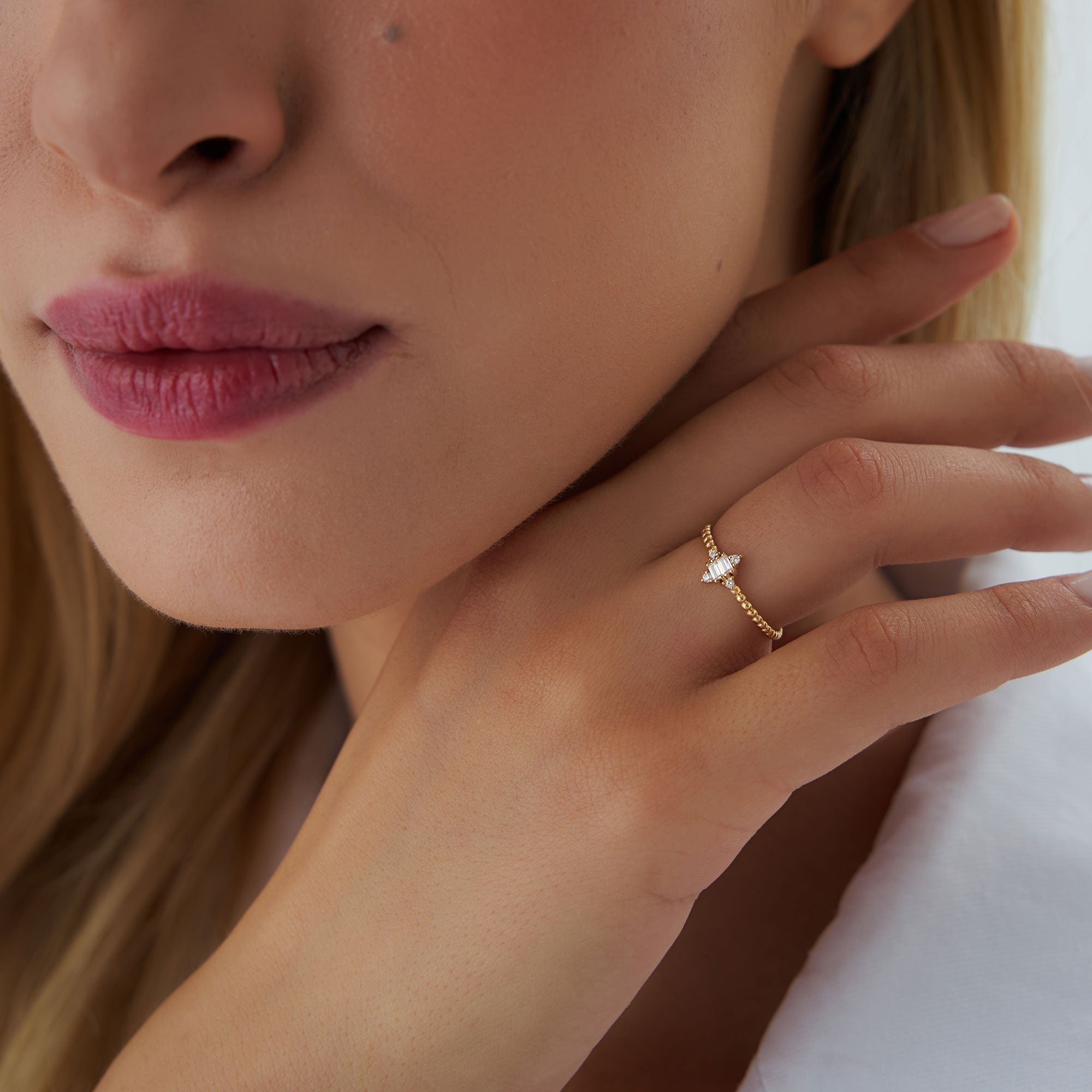 OBFJ1242 - 14k Beaded Baguette and Round Diamond Stacking Ring 2