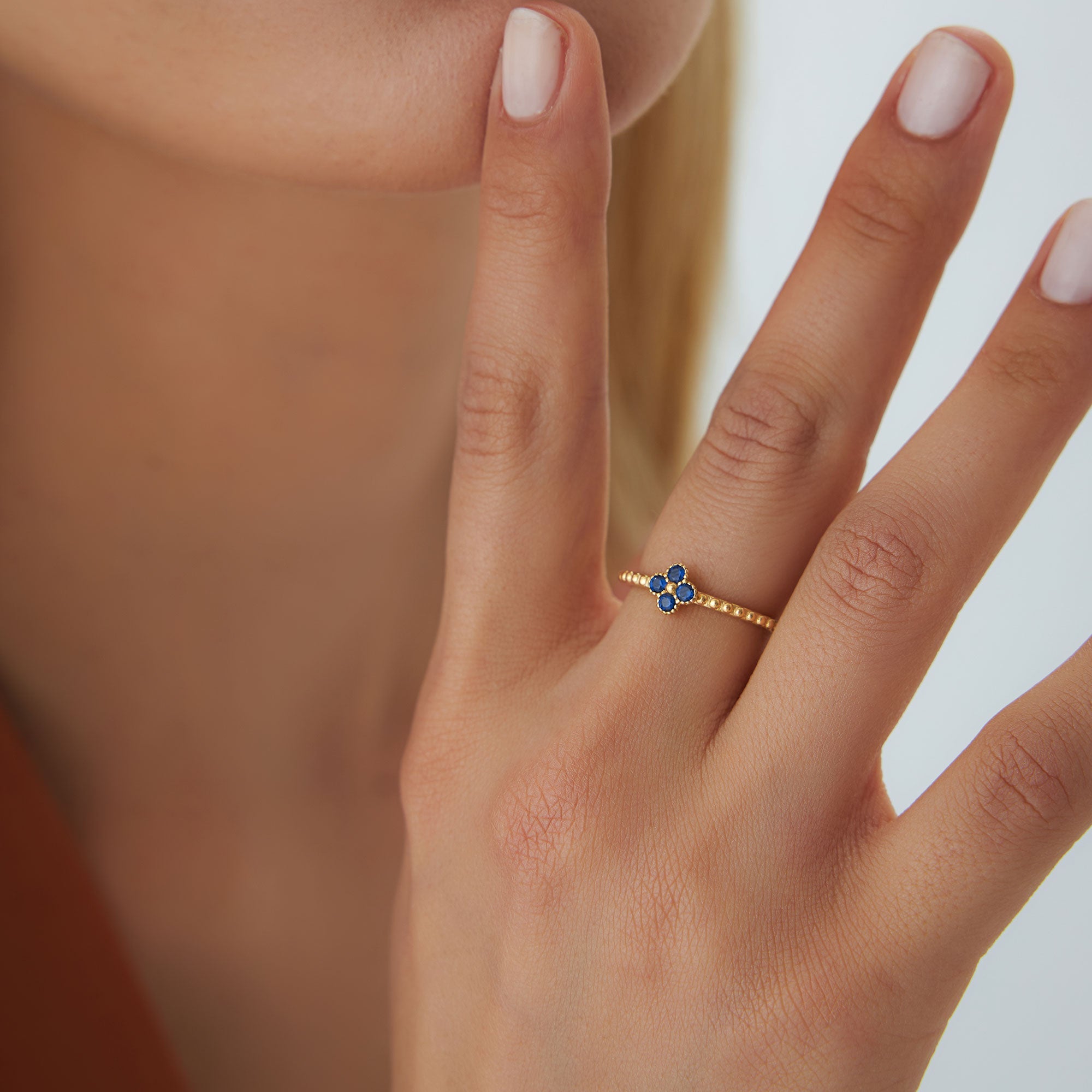 OBFJ1326 - Sapphire Clover Ring ring in selectable metal and diamond options - Roselle Jewelry view 2