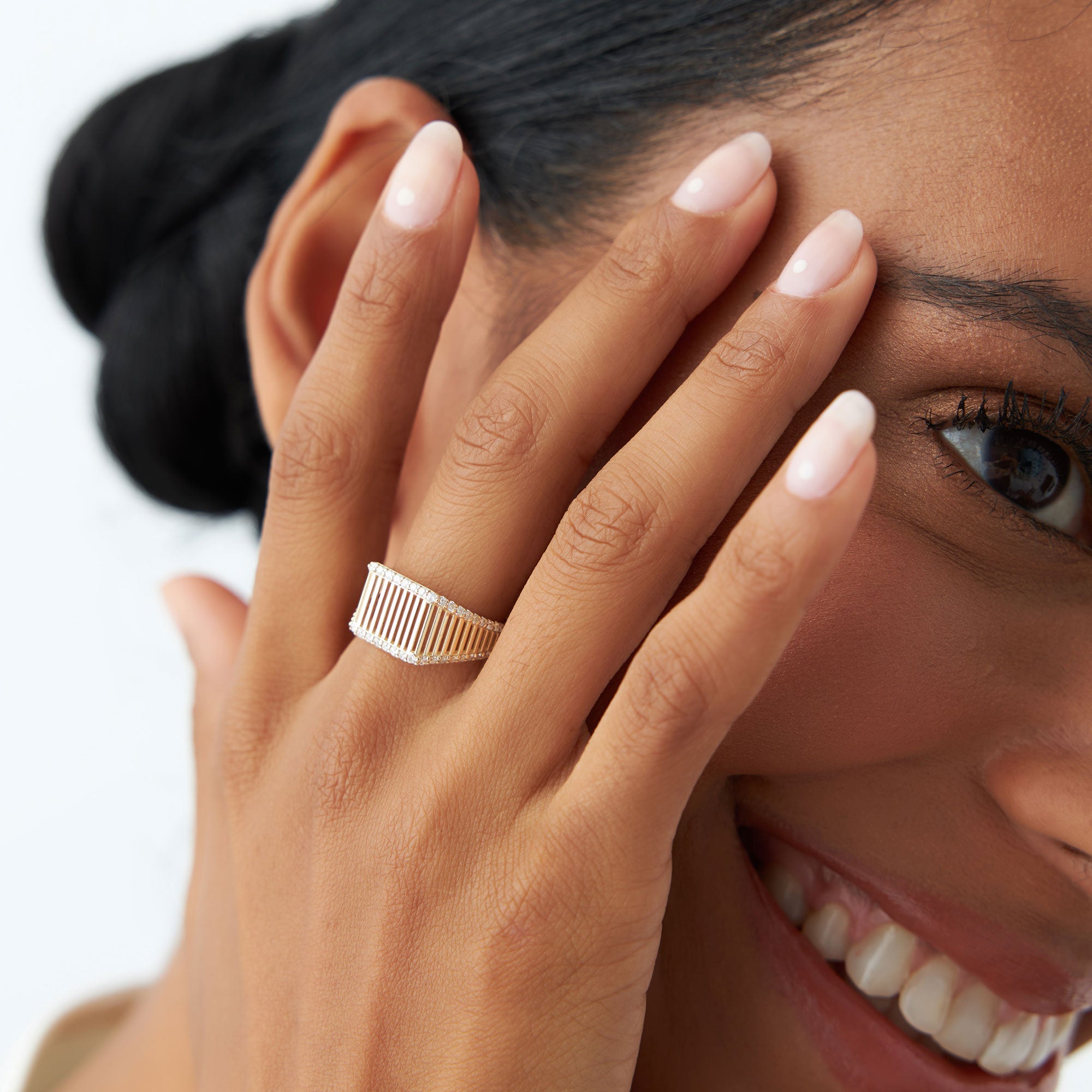 OBFJ1325 - Ribbed Unique Design Diamond Signet Ring ring in selectable metal and diamond options - Roselle Jewelry view 2