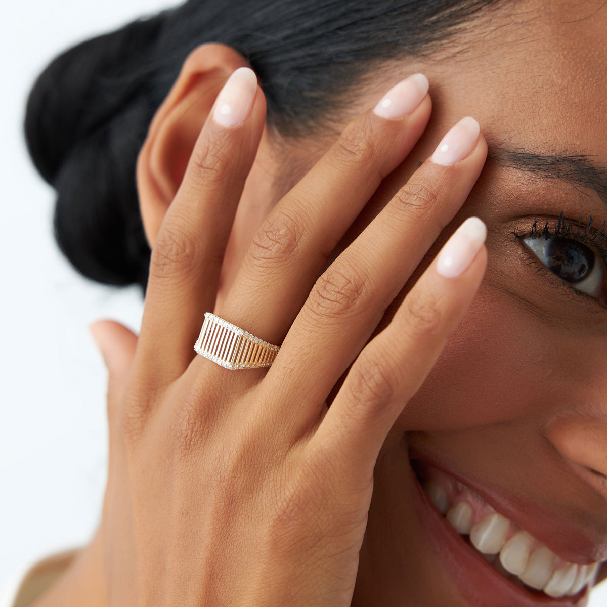 OBFJ1325 - Ribbed Unique Design Diamond Signet Ring ring in selectable metal and diamond options - Roselle Jewelry view 2