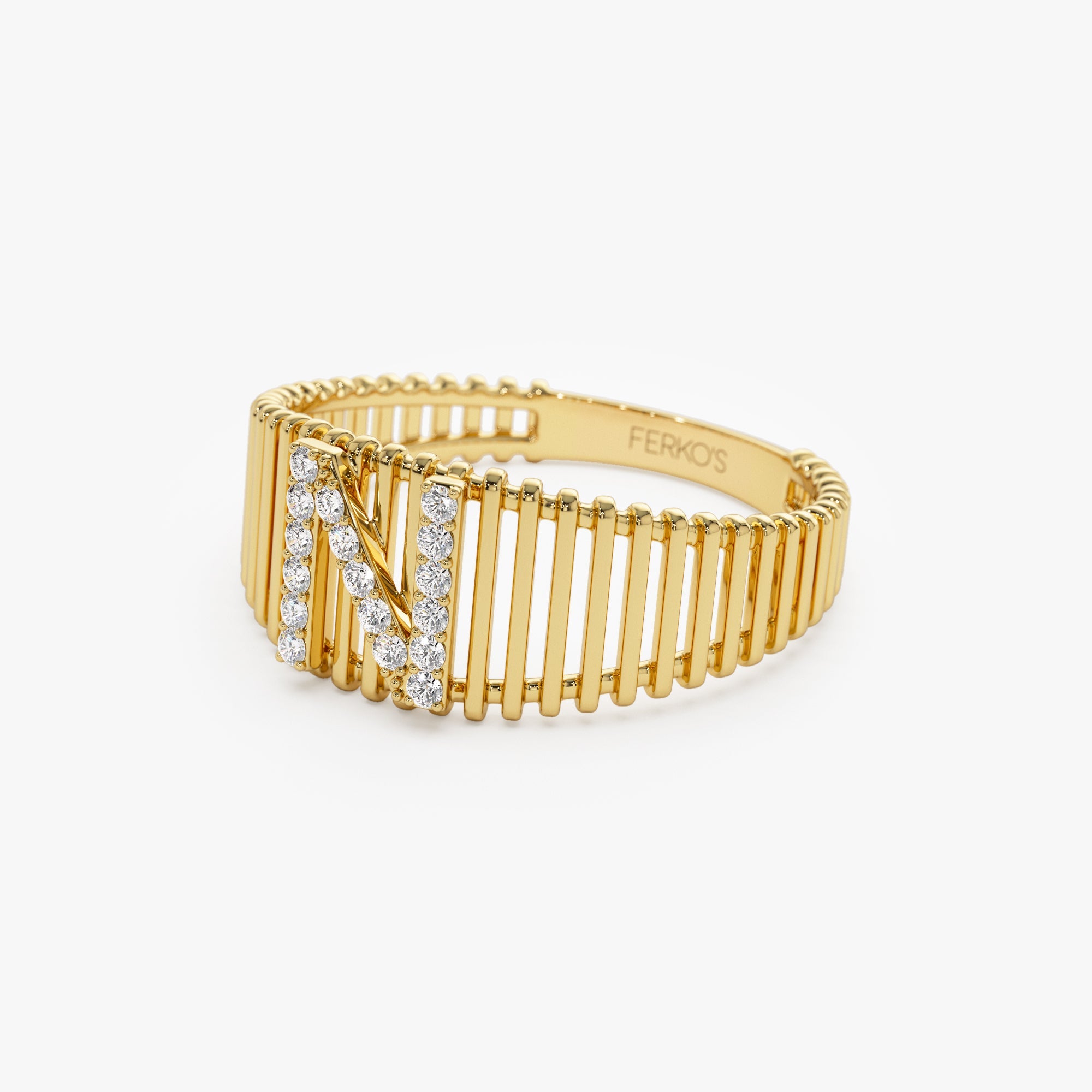 OBFJ1159 - 14k Ribed Cage Diamond Initial Ring 7