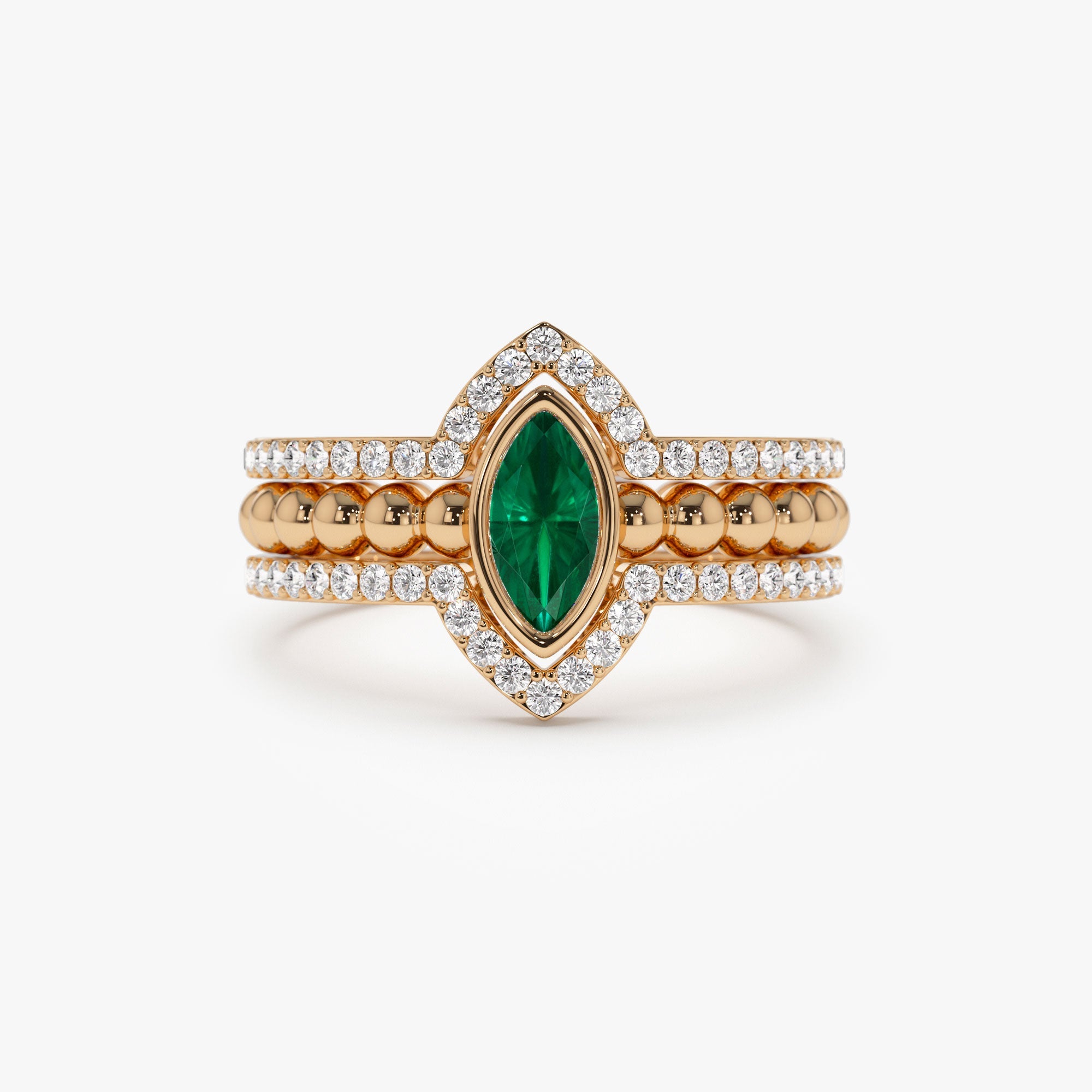 OBFJ1225 - 14k Marquise Shaped Emerald Ring with Nesting Diamond Bands 6