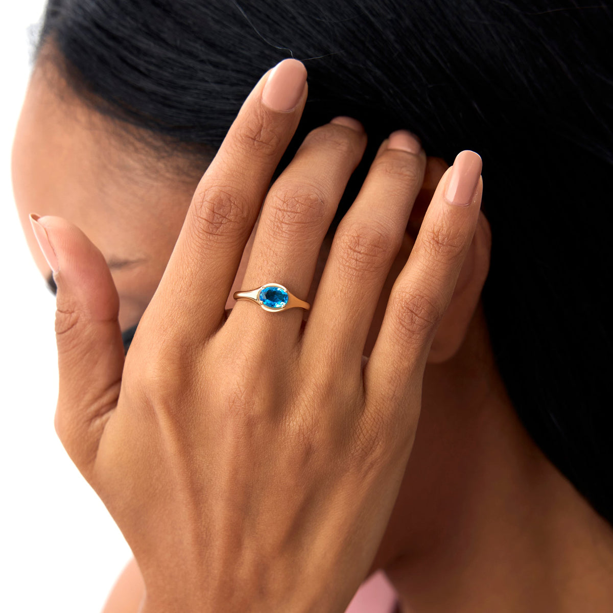 OBFJ0785 - Oval Shape Prong Setting London Blue Topaz Ring ring in selectable metal and diamond options - Roselle Jewelry view 3