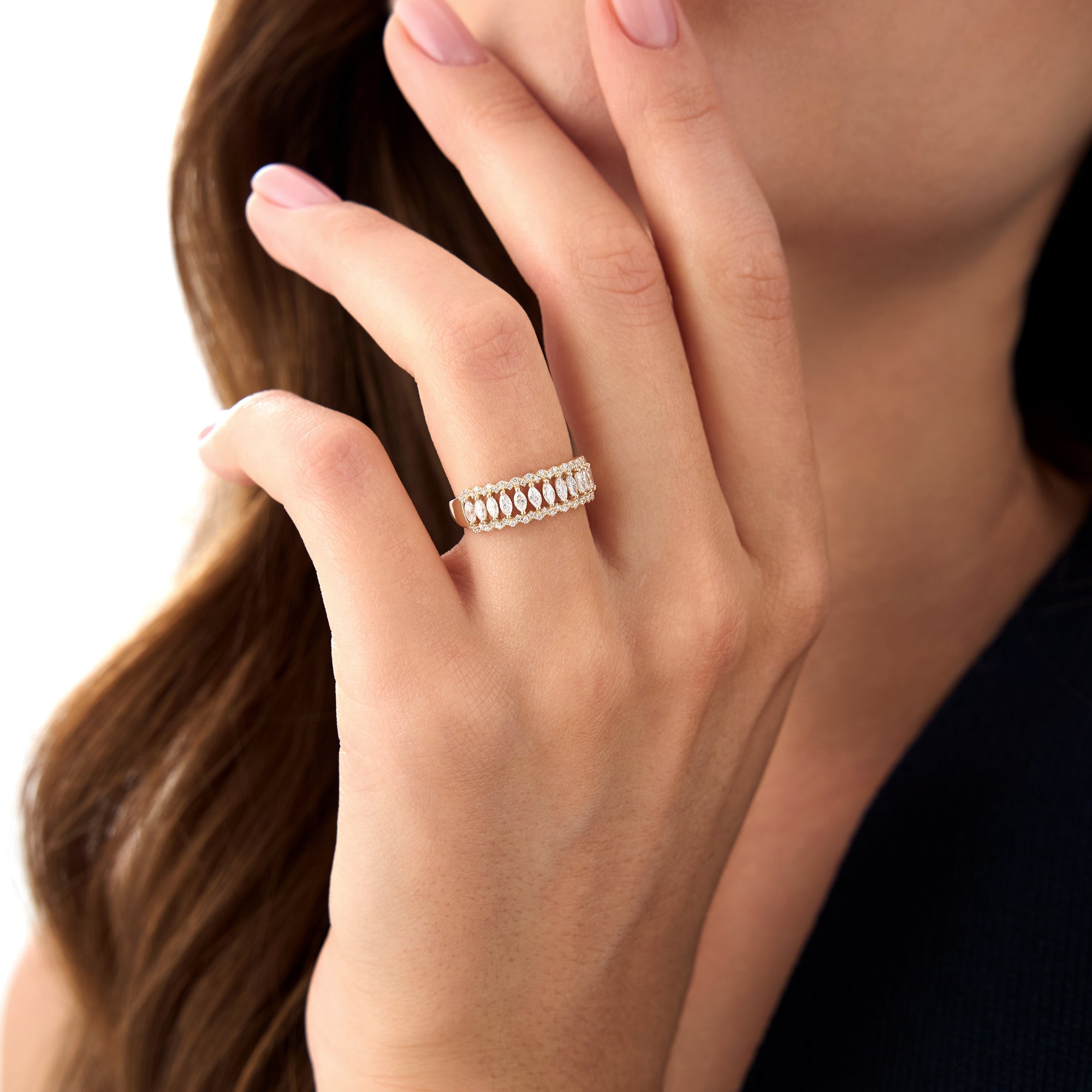 OBFJ0647 - 14k Wide Marquise Diamond Band with Pavé Accents 6