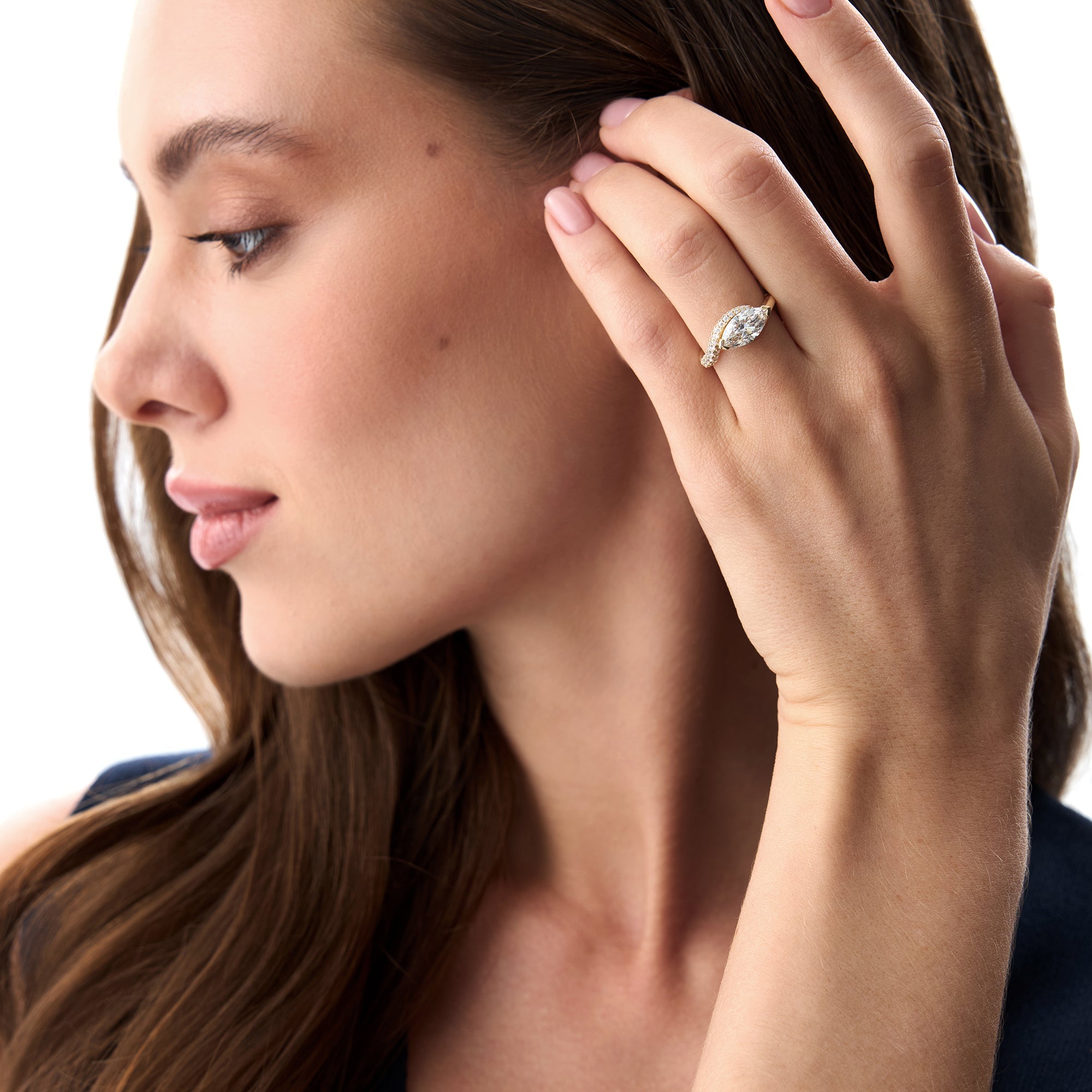 OBFJ0028 - 1.55 Ctw Lab Grown Marquise Shaped Curved Pavé Band Engagement Ring - Livia - 14k Gold 3