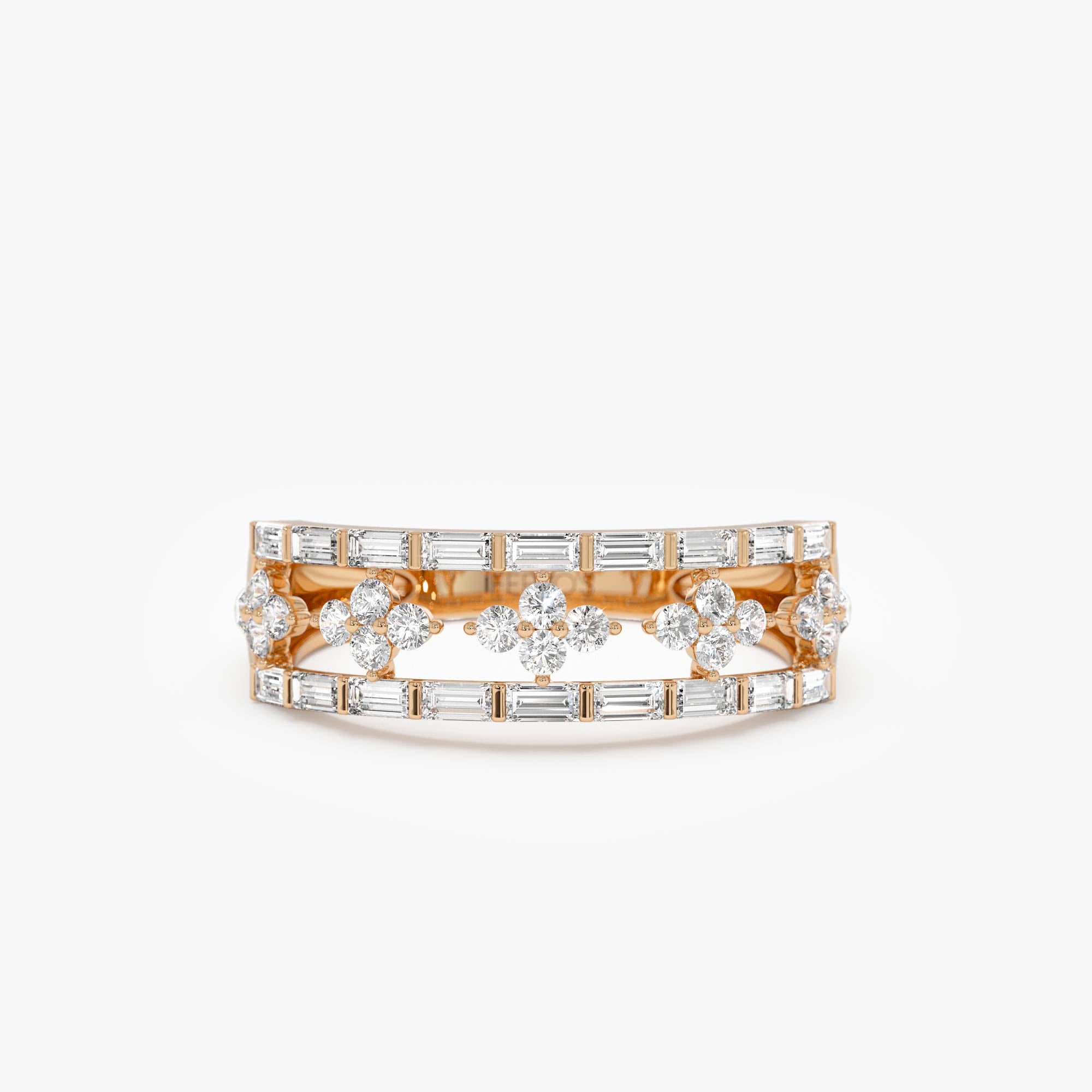 OBFJ0560 - 14k Wide Band Ring with Baguette and Round Diamond Cluster Accents 7