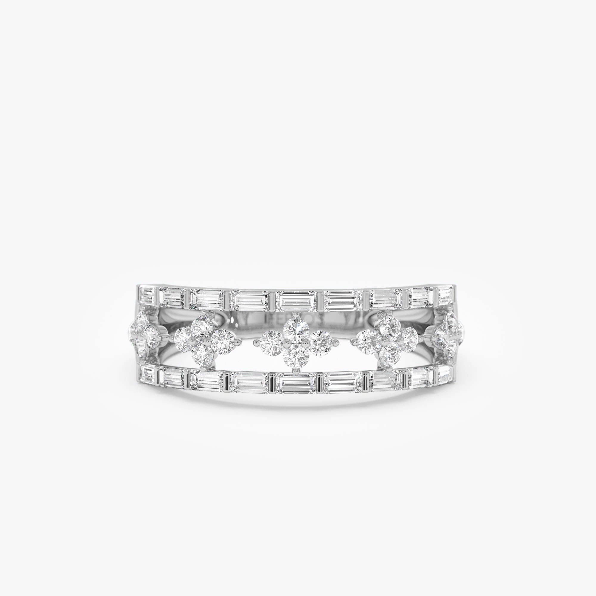 OBFJ0560 - 14k Wide Band Ring with Baguette and Round Diamond Cluster Accents 6
