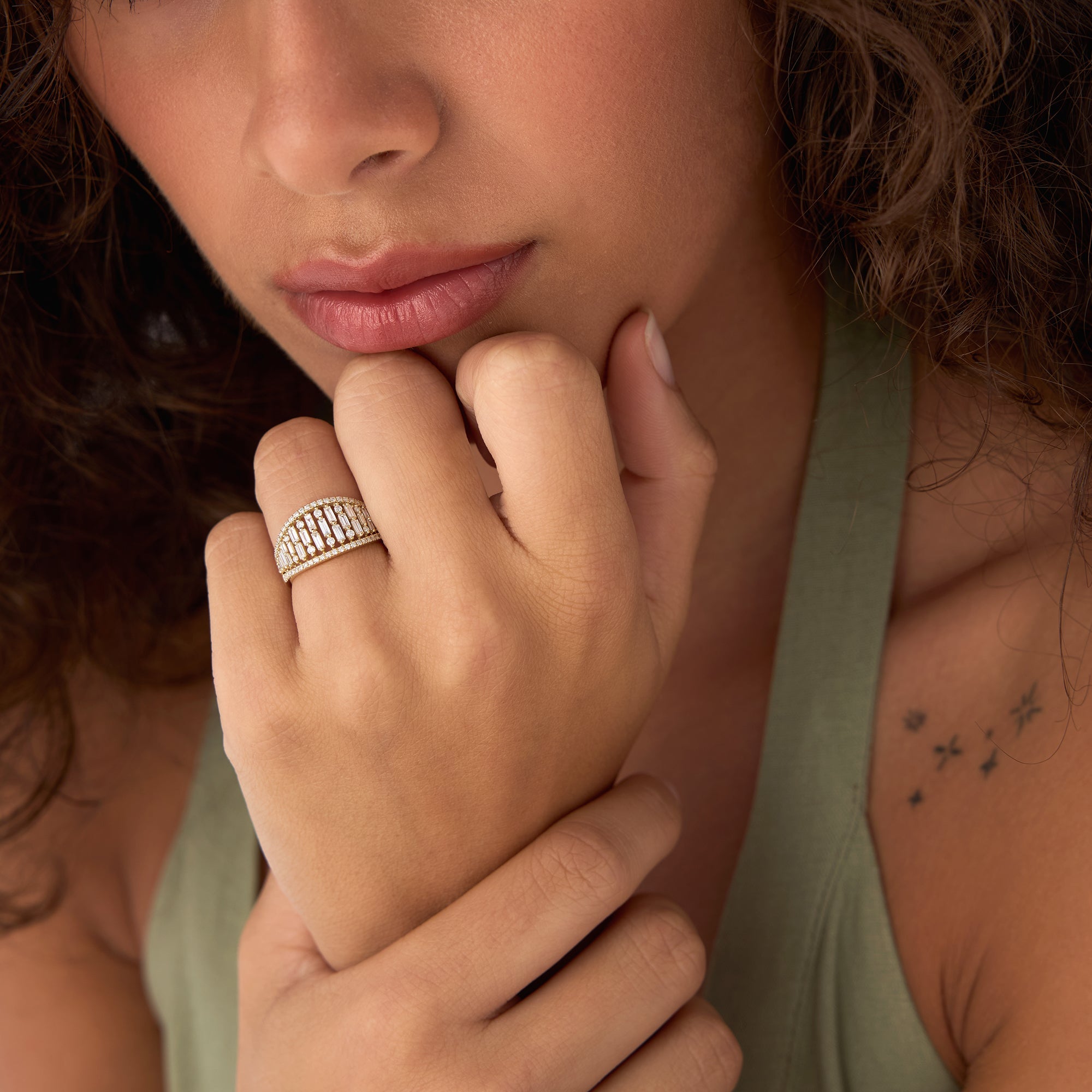 OBFJ0626 - Multi Row Baguette Diamond Statement Ring ring in selectable metal and diamond options - Roselle Jewelry view 4