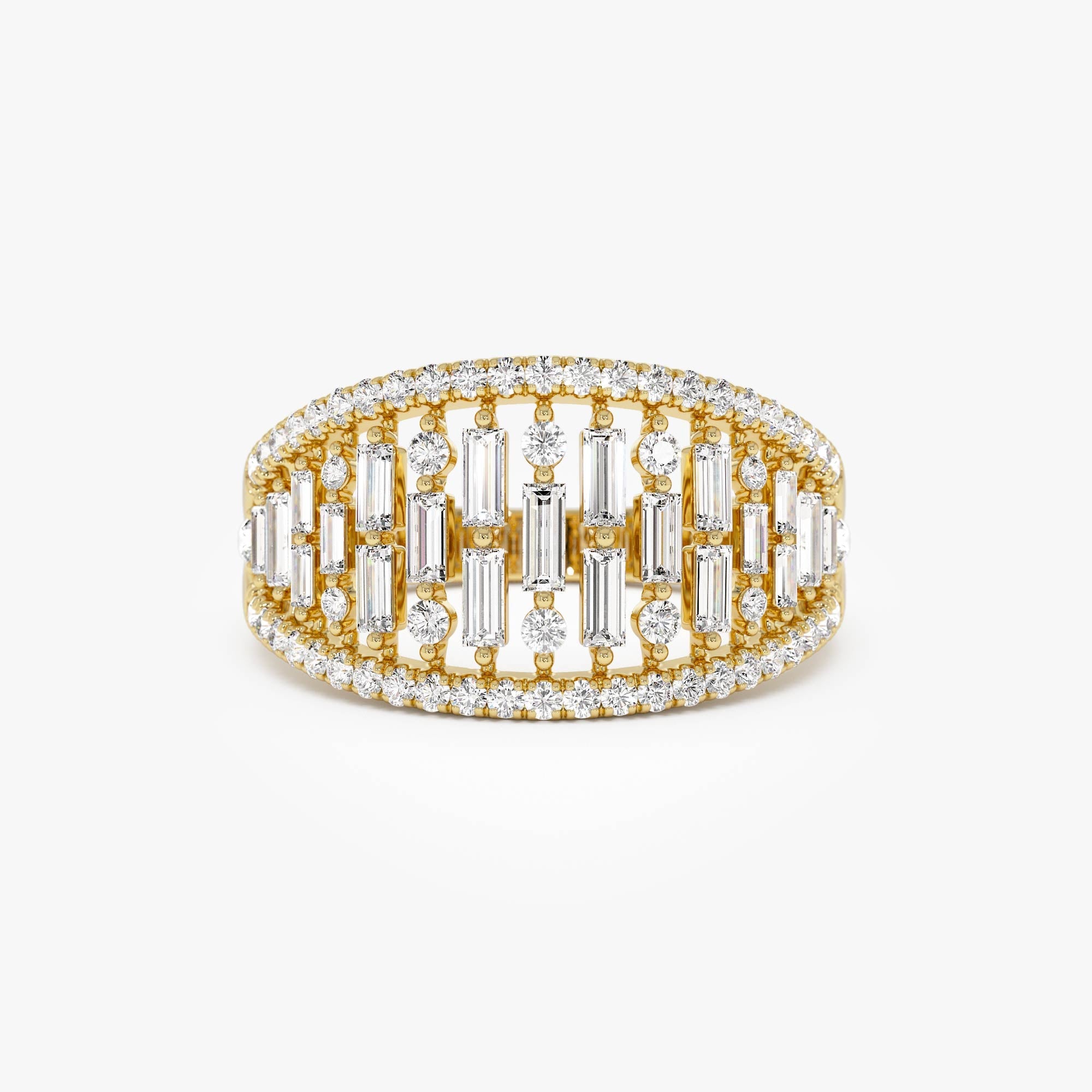 OBFJ0626 - Multi Row Baguette Diamond Statement Ring ring in selectable metal and diamond options - Roselle Jewelry view 1