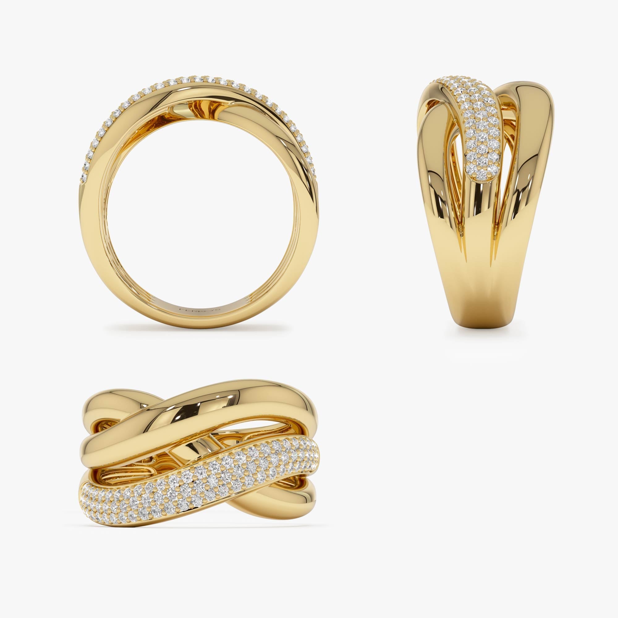 OBFJ0501 - 14k Gold Triple Band Crossover Diamond Statement Ring 11