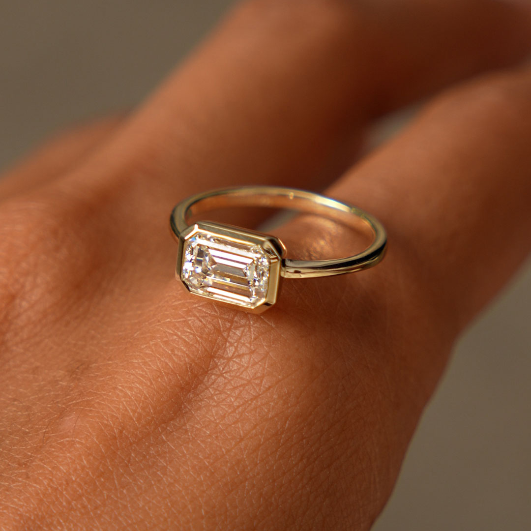 OBFJ0592 - 1.50 Ctw East West Emerald Cut Lab Grown Bezel Setting Modern Engagement Ring - Dahlia 5