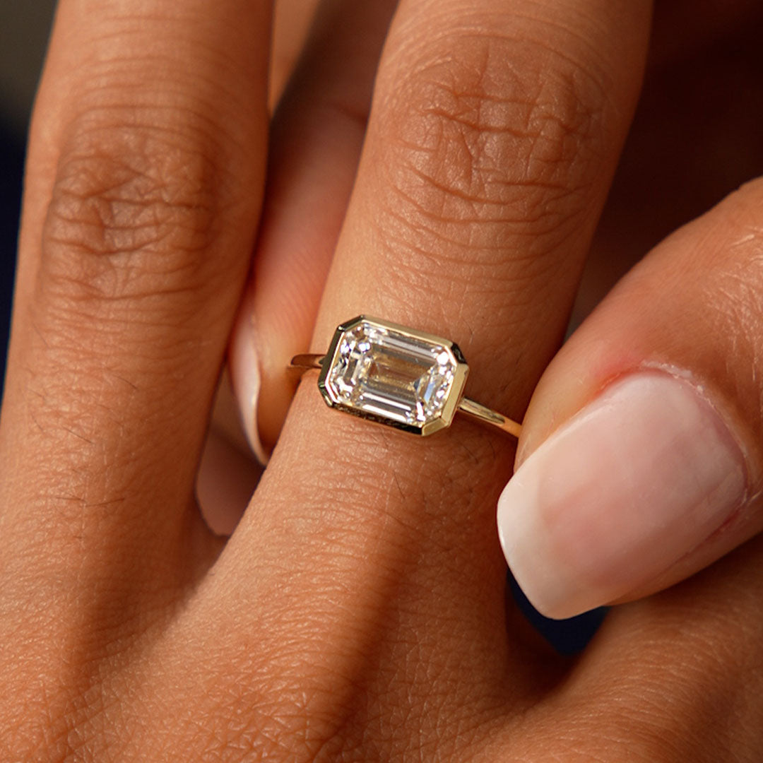 OBFJ0592 - 1.50 Ctw East West Emerald Cut Lab Grown Bezel Setting Modern Engagement Ring - Dahlia 2