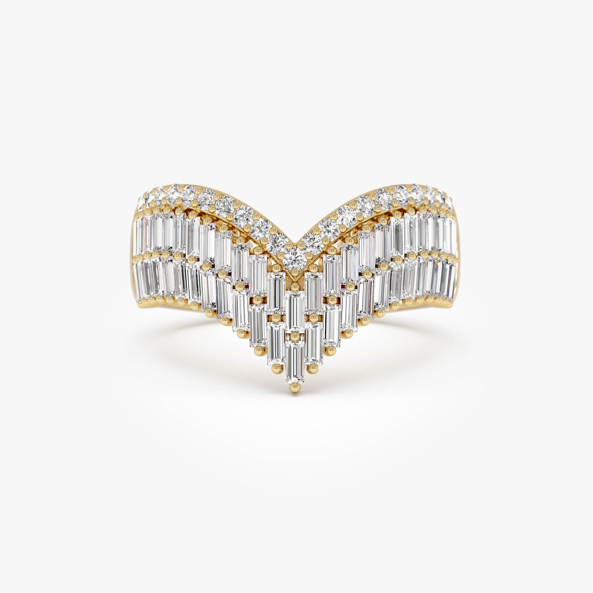 OBFJ0023 - Baguette and Round Diamond Chevron Statement Ring - 14k Gold 1