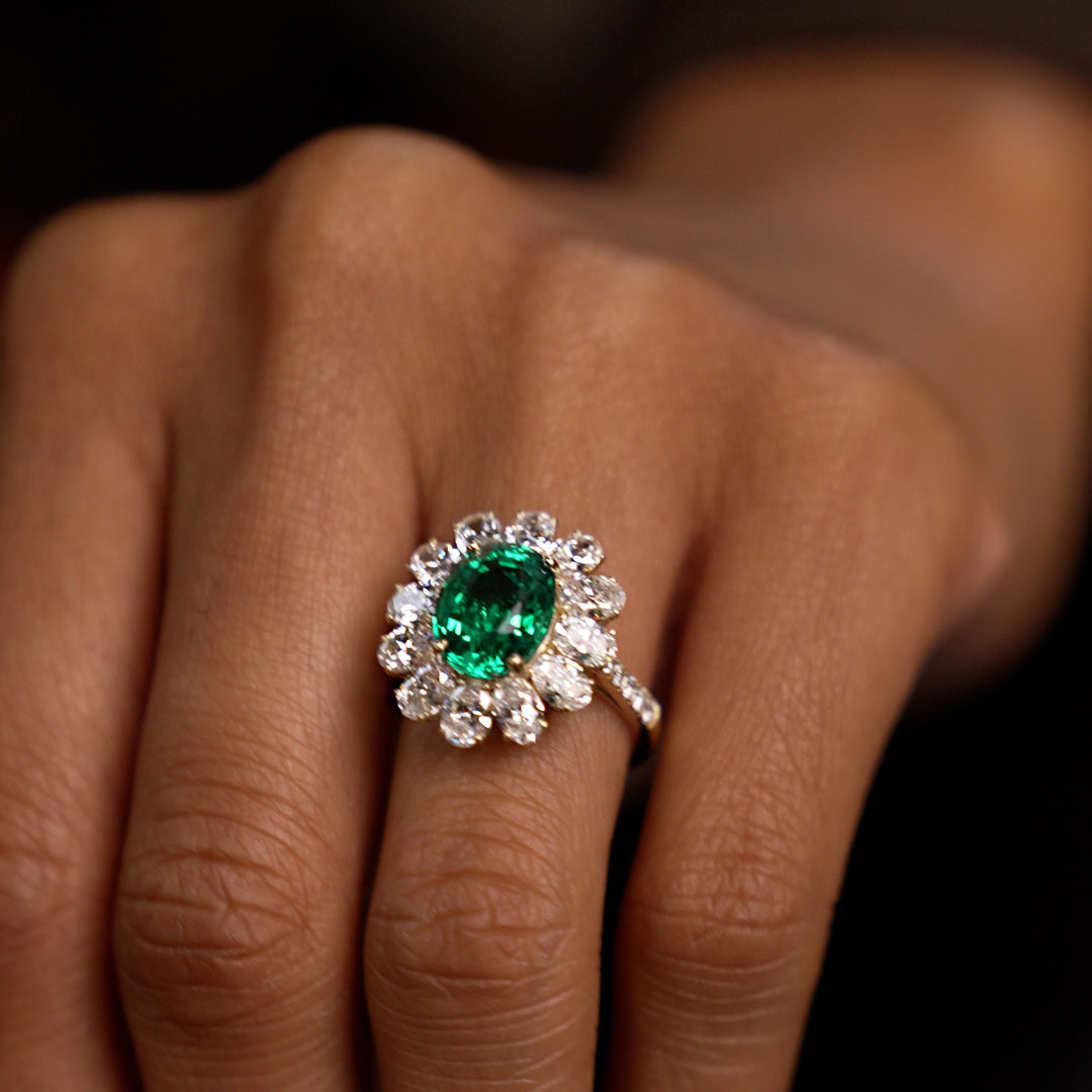 OBFJ0370 - 5.30 Ctw 14k Lab Grown Colombian Emerald and Oval Diamond Halo Statement Ring - Nysa 3