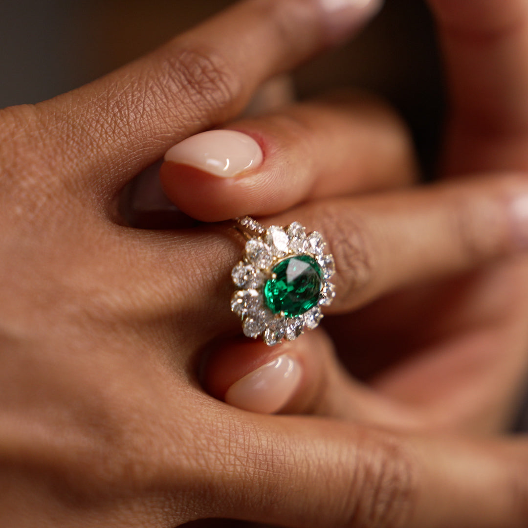 OBFJ0370 - 5.30 Ctw 14k Lab Grown Colombian Emerald and Oval Diamond Halo Statement Ring - Nysa 4