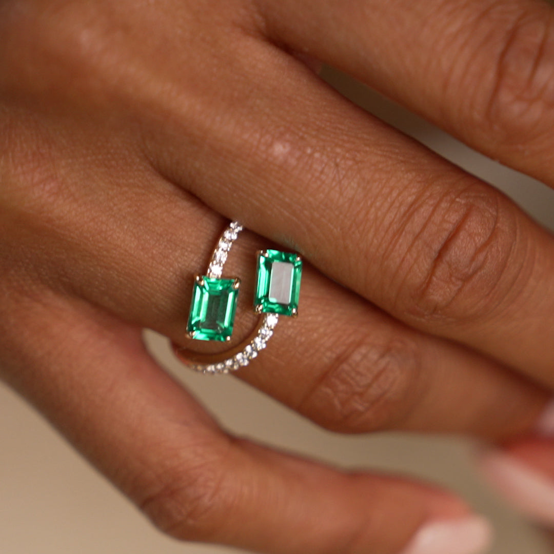 OBFJ0373 - 1.15 Ctw Lab Grown Emerald and Diamond Bypass Statement Ring - Danae ring in selectable metal and diamond options - Roselle Jewelry view 6