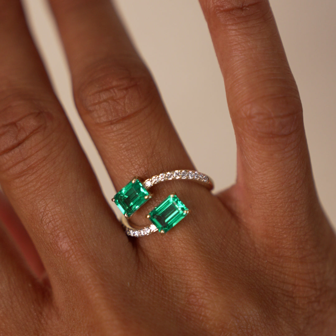 OBFJ0373 - 1.15 Ctw Lab Grown Emerald and Diamond Bypass Statement Ring - Danae ring in selectable metal and diamond options - Roselle Jewelry view 2