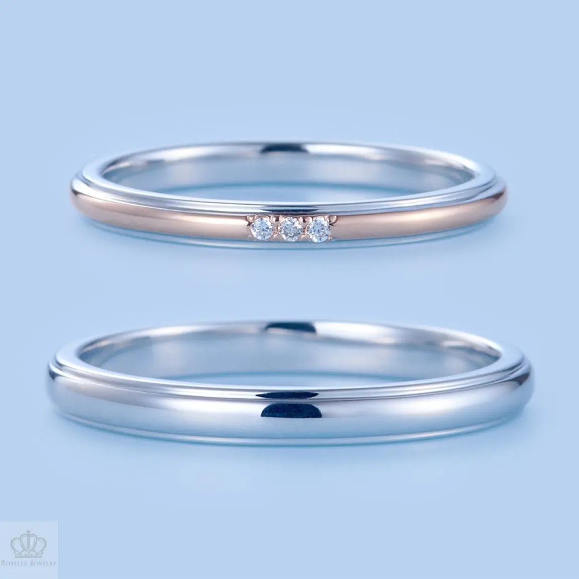 Japanese Style Two Tone Couple Diamond Wedding Ring Set - WM17 - Roselle Jewelry