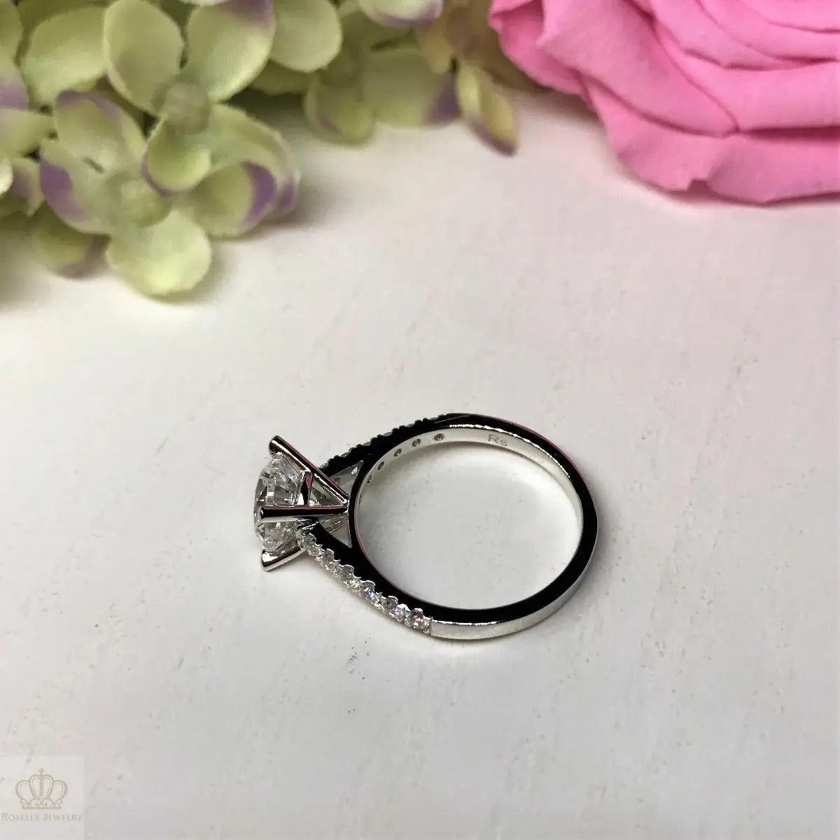 Four Prong Side Stone Engagement Ring - T14 - Roselle Jewelry