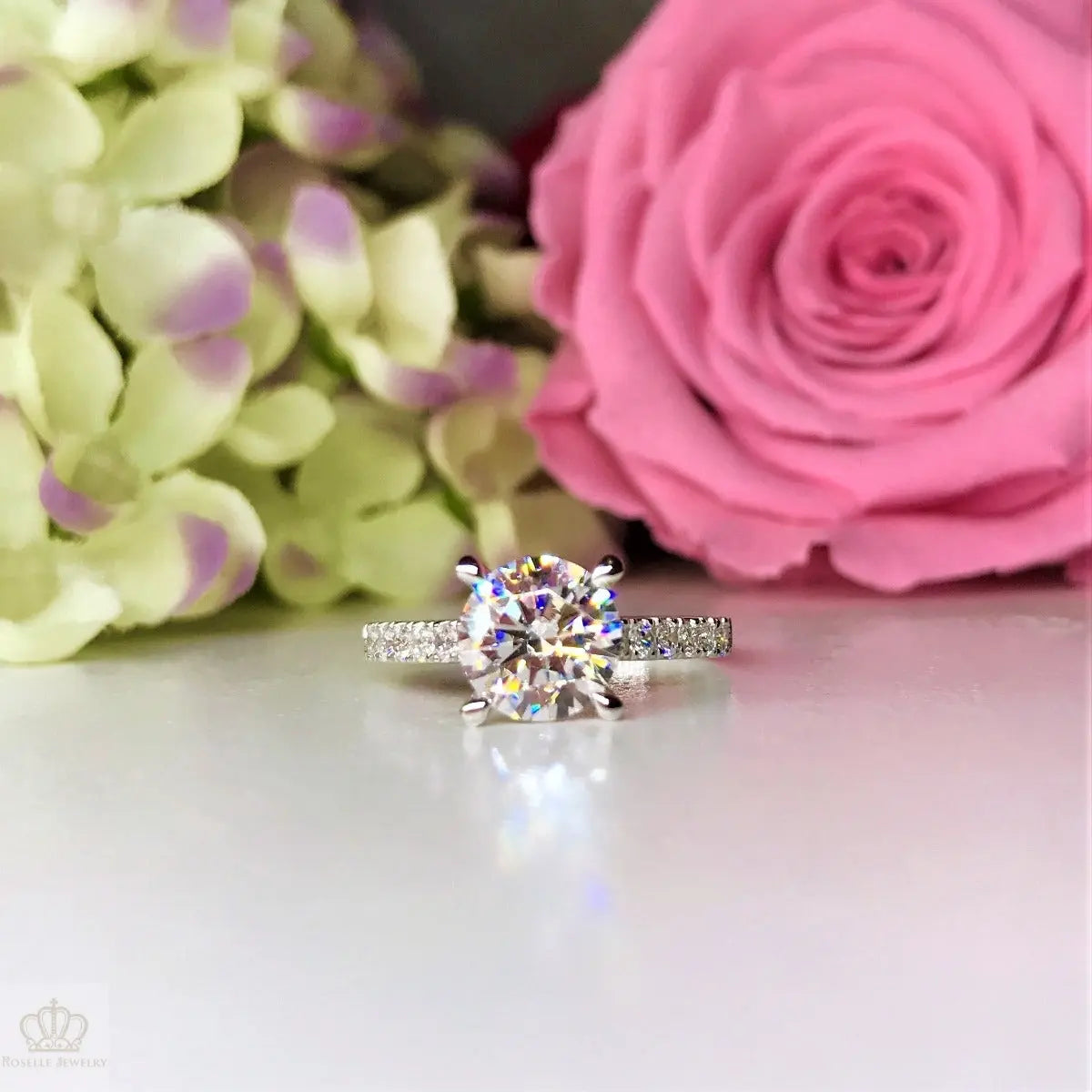 Four Prong Side Stone Engagement Ring - T14 - Roselle Jewelry