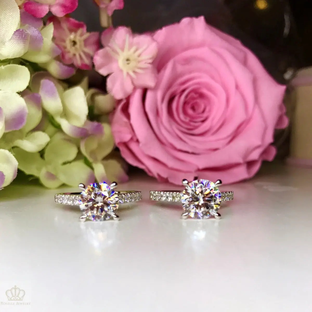 Four Prong Side Stone Engagement Ring - T14 - Roselle Jewelry