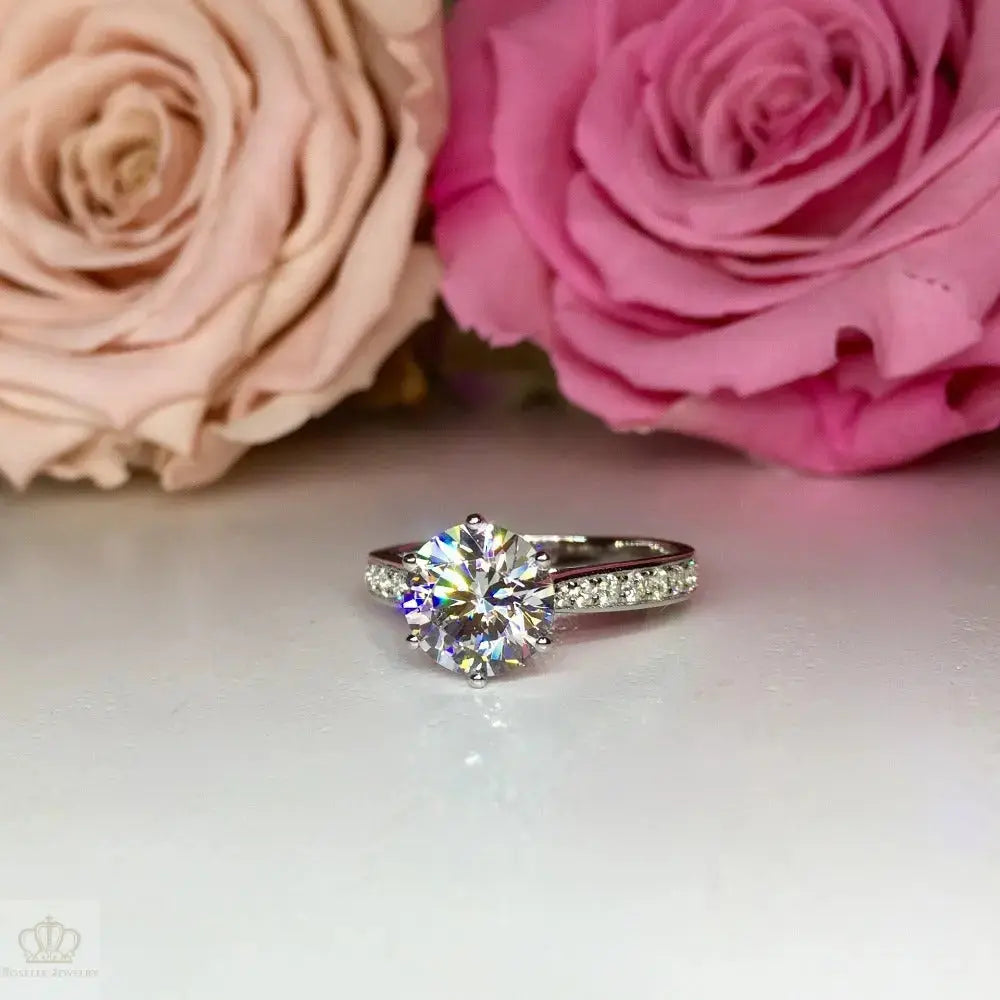 Six Prong Side Stone Engagement Ring - T12 - Roselle Jewelry