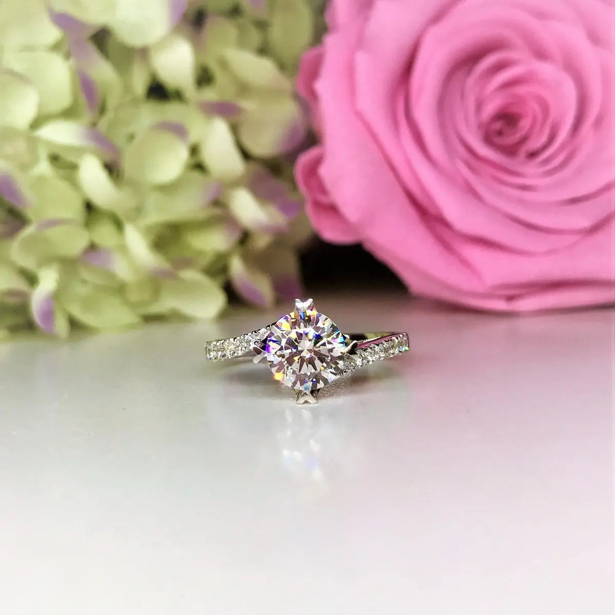 Side Stone Twisted Engagement Ring - T11 - Roselle Jewelry